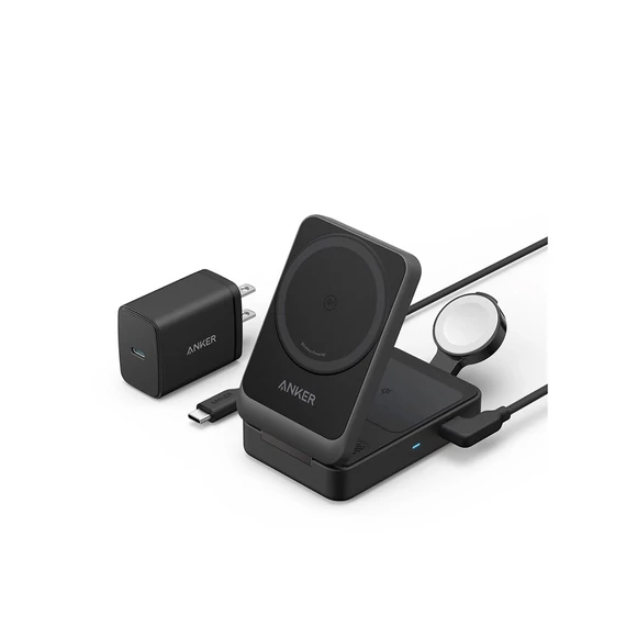 Anker MagGo Magnetic Wireless Charger 15W Foldable 3-in-1 with Charger Bundle,Black EU Plug